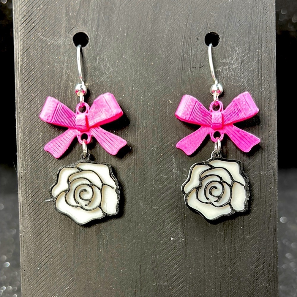 Pink Bow and White Rose Earrings